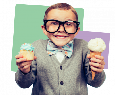 Boy with ice cream cupcake